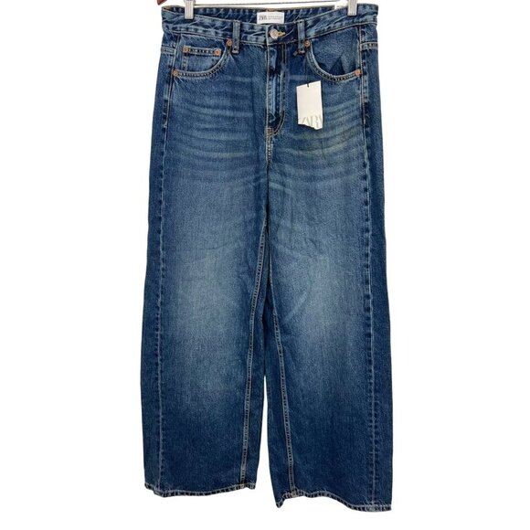 Zara Womens Mid-Rise Full Length Wide Shifted Denim Jeans Size 8 Dark Wash New - Picture 1 of 9